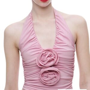 Pink Halter Top with Floral Accents